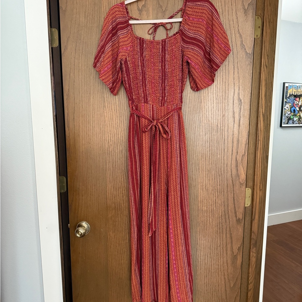 Womens Red Multi-Stripe Knit Jumpsuit with Tie Back - Picture 2 of 13